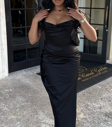 Niulatu Strapless Sheath Long Prom Dresses Satin Black Evening Dresses HZ1026